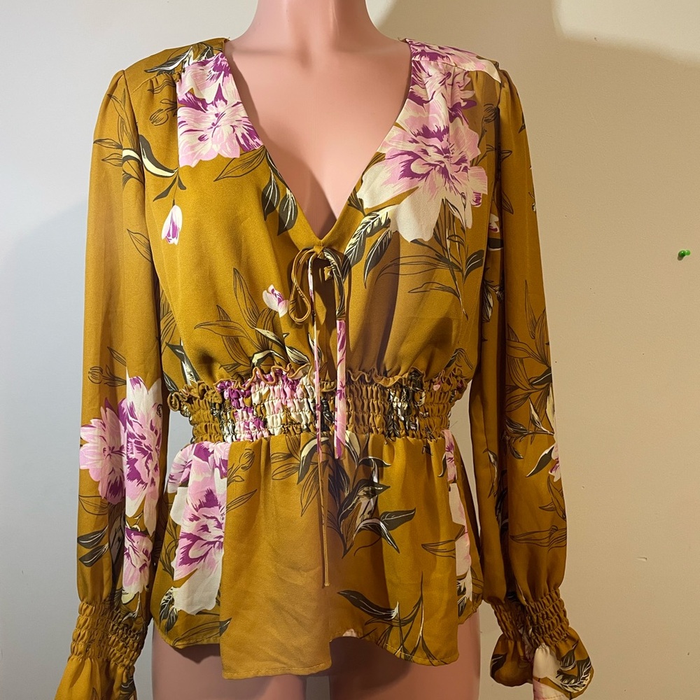 June Hudson Women Blouse Large Yellow Floral Smocked Boho Summer Preppy